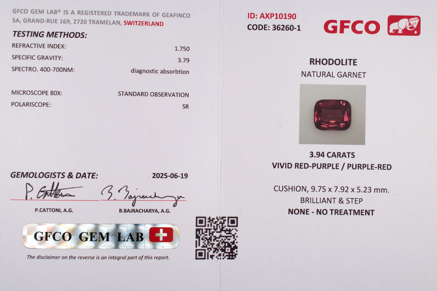 3.94ct Rhodolite Garnet Colored Gemstone GFCO Lab Certificate