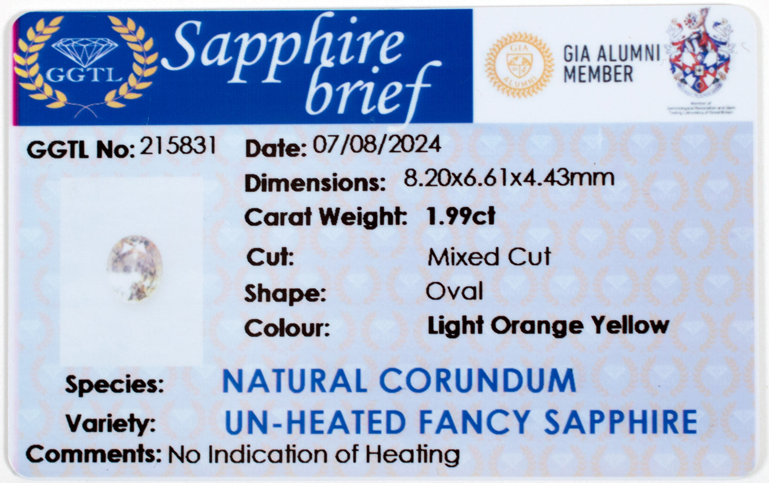 1.99ct Fancy Sapphire Colored Gemstone GGTL Certificate 
