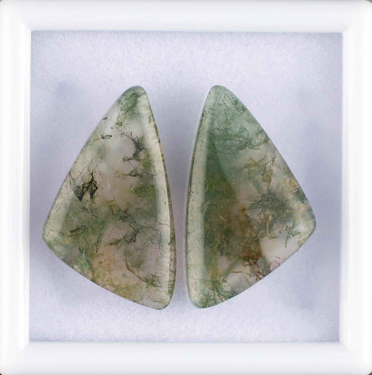 20.98twt Moss Agate Colored Gemstone Pair Top and Bottom View White Background
