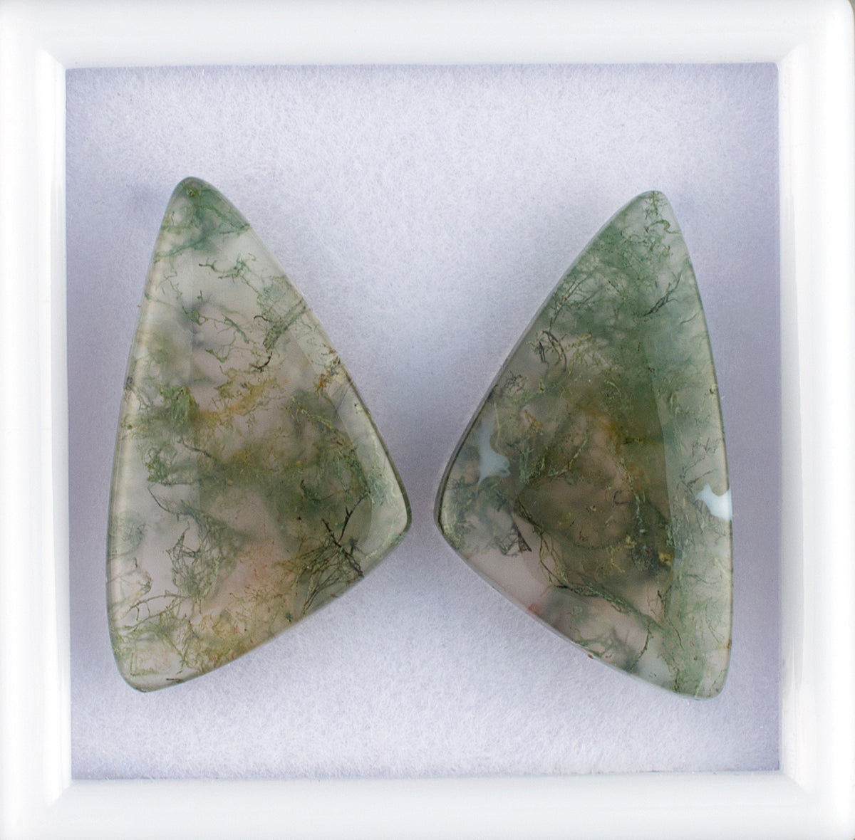 20.98twt Moss Agate Colored Gemstone Pair Top View White Background 
