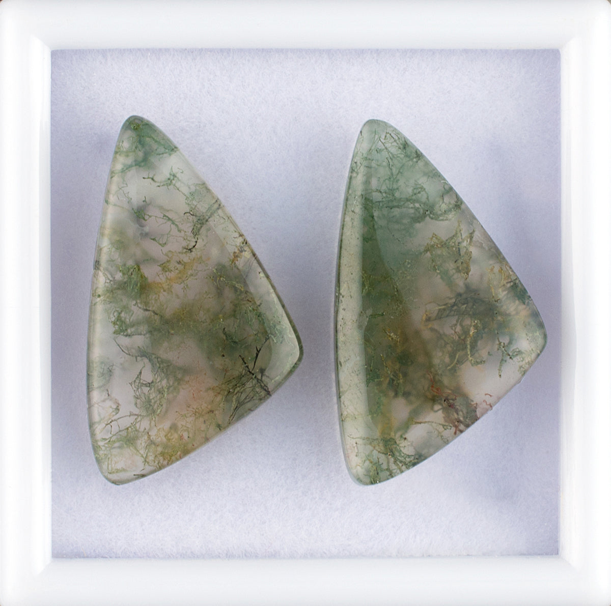 20.98twt Moss Agate Colored Gemstone Pair Bottom View White Background 
