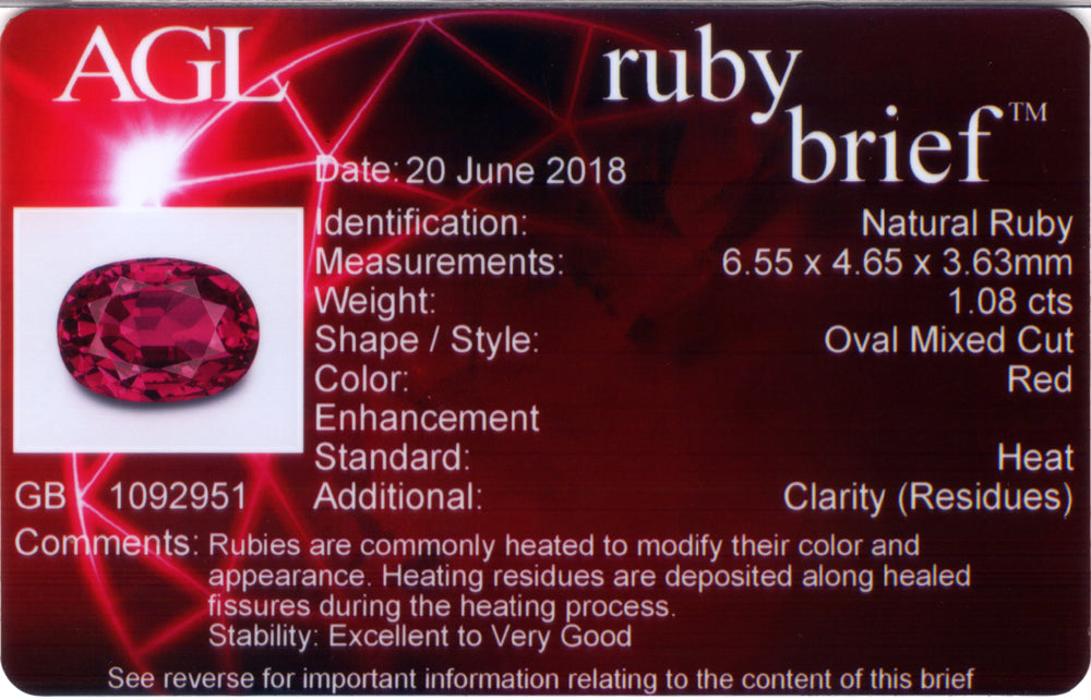 Rubis certifié 1,08 ct