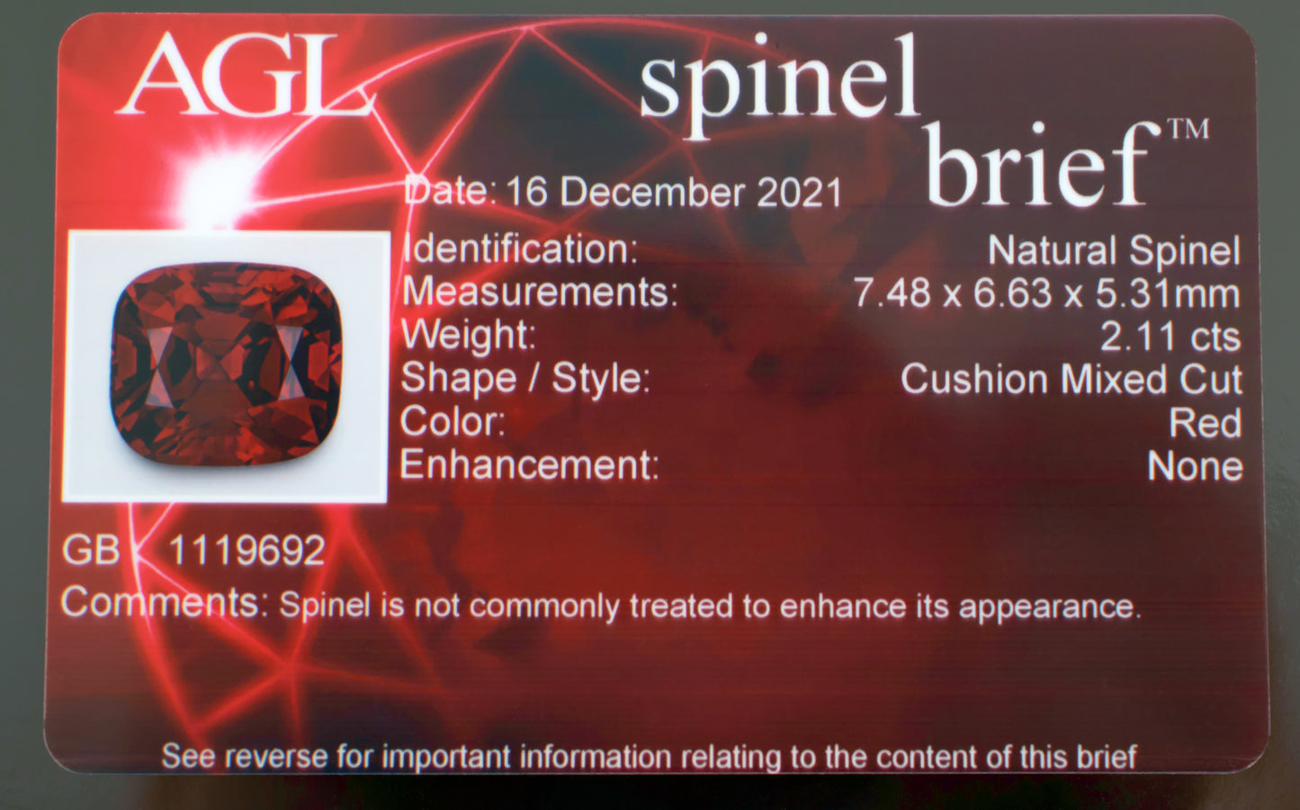 Spinelle rouge certifié 2,11 ct