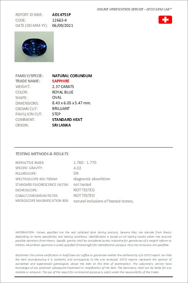 Saphir bleu certifié 2,37 ct