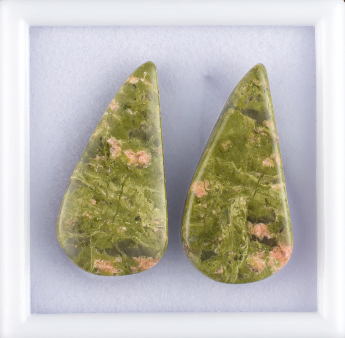 24.70twt Unakite Colored Gemstone Cabochon Pair Top and Bottom View White Background 
