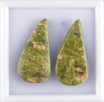 24.70twt Unakite Colored Gemstone Cabochon Pair Top and Bottom View White Background 
