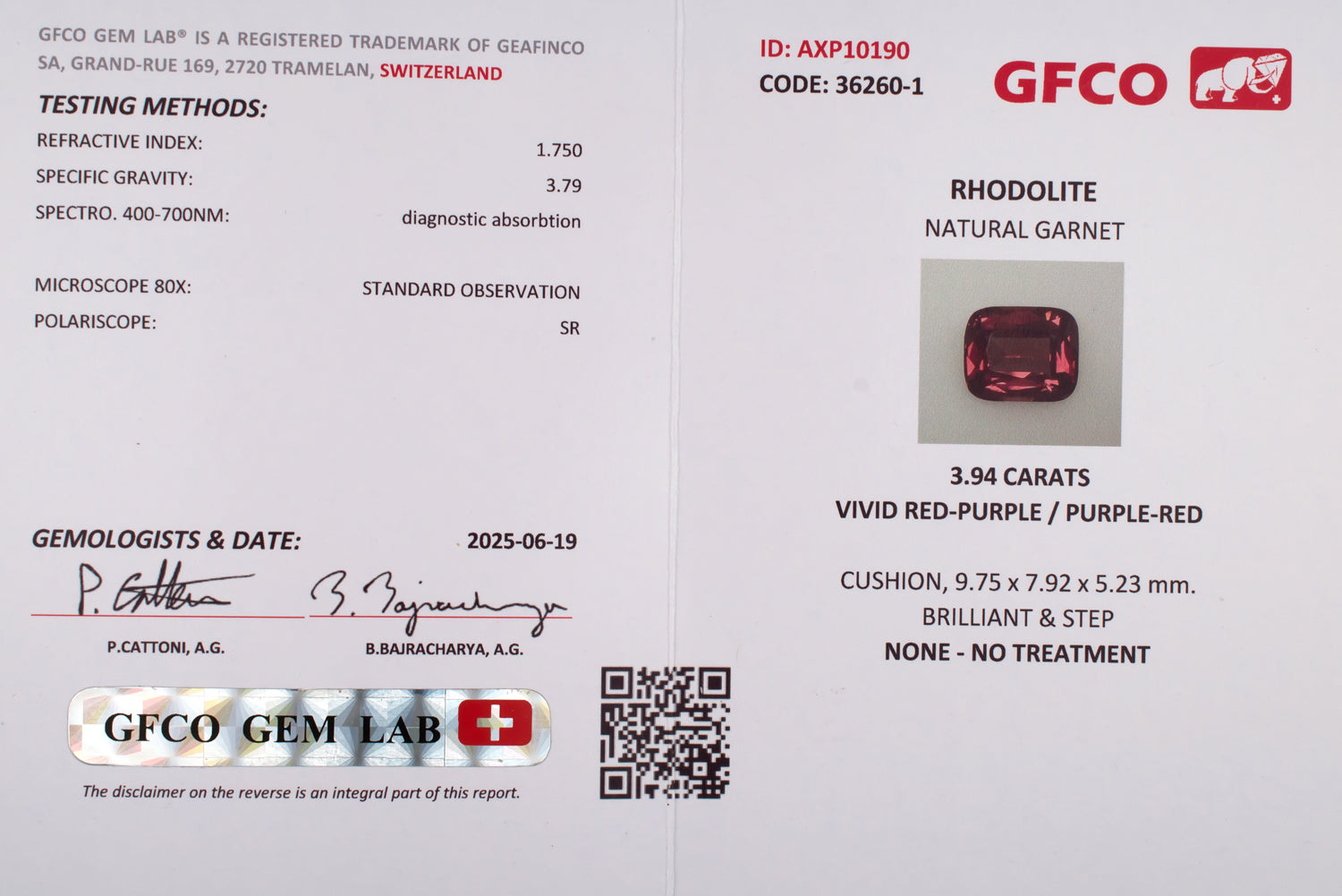 3.94ct Rhodolite Garnet Colored Gemstone GFCO Lab Certificate
