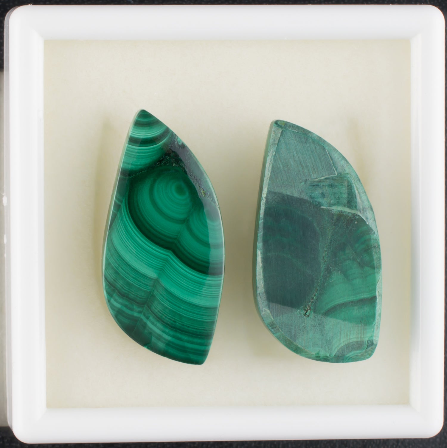 47.49twt Malachite Colored Gemstone Pair Top and Bottom View White Background 
