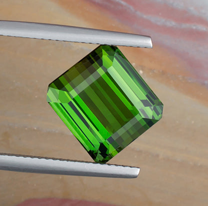 8.93ct Green Tourmaline Colored Gemstone Top View Natural Background 
